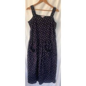 Vintage FADS Navy Blue Floral Midi Dress Women’s Size M Pockets Cottage Prairie